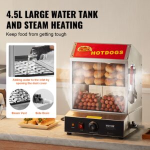 VEVOR Hot Dog Steamer, 28.5QT, 2-Tier Hot Dog Hut Steamer, 86℉~185℉ Temperature Control, Electric Bun Warmer with Tempered Glass Slide Doors Partition Plate Tong, Stainless Steel, for Hot Dogs & Buns