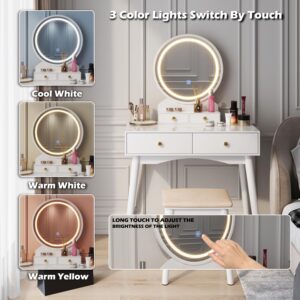 JUMMICO Makeup Vanity Desk with Round Mirror and Lights, Vanity Table Makeup Desk 4 Storage Drawers 3 Adjustable Colors LED Lights Matched Soft Cushioned Stool for Girls Bedroom (White) …