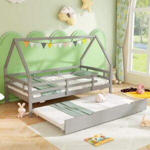 giantex twin house bed with trundle, wood kids bed frame with roof & fence rails, montessori bed for kids, teens, girls & boys, no box spring needed, kids trundle bed twin, grey