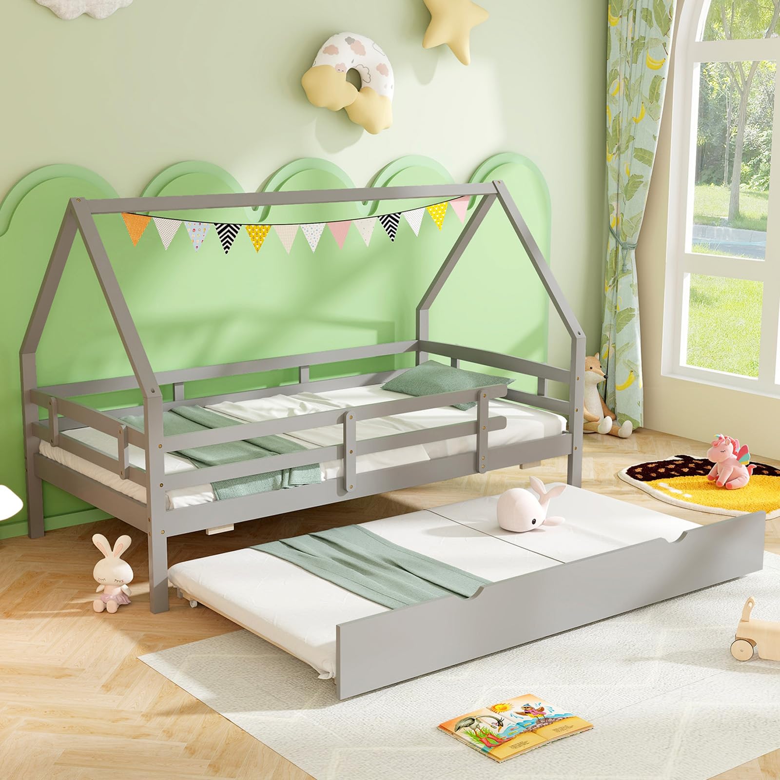 Giantex Twin House Bed with Trundle, Wood Kids Bed Frame with Roof & Fence Rails, Montessori Bed for Kids, Teens, Girls & Boys, No Box Spring Needed, Kids Trundle Bed Twin, Grey