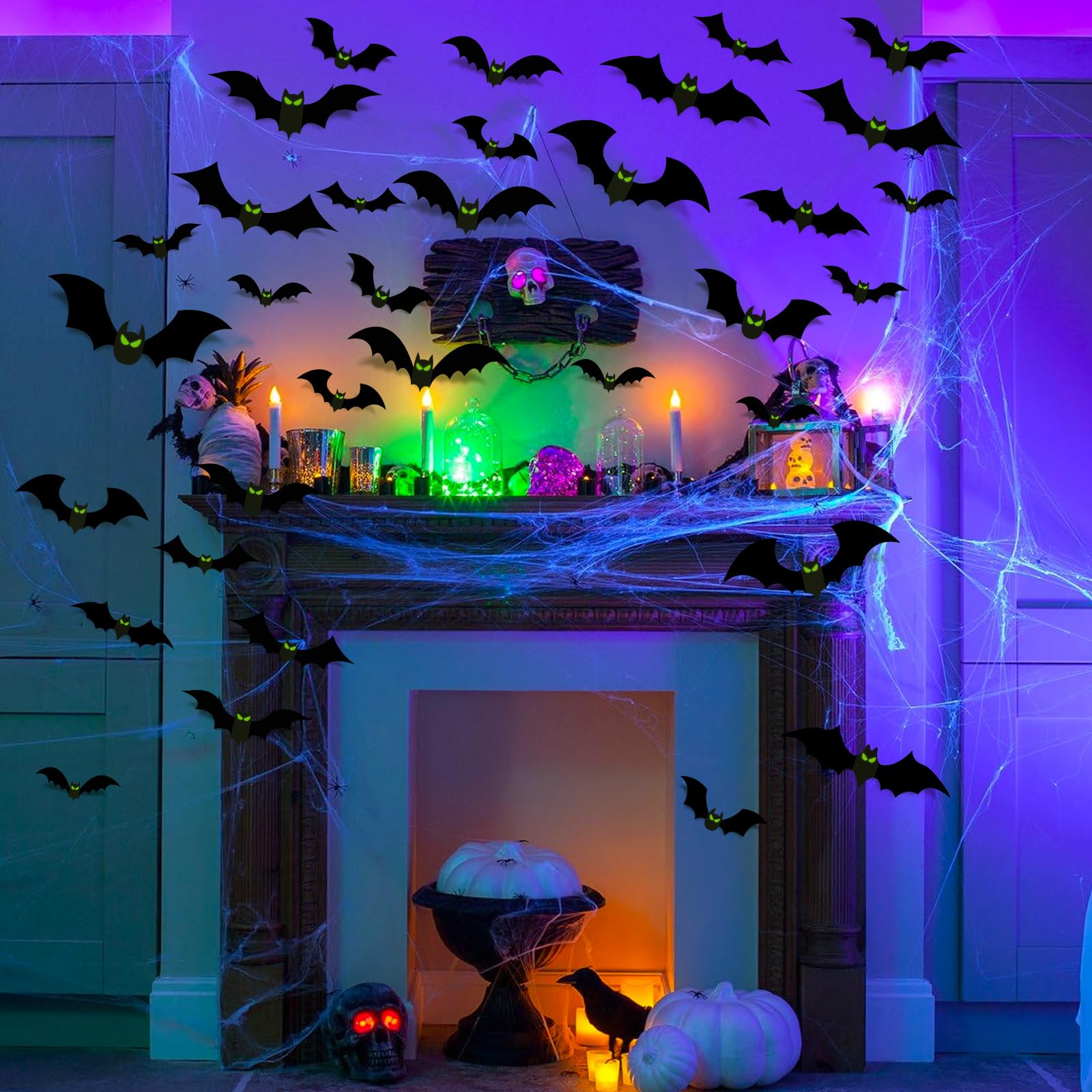 132 Pcs Halloween Bats Wall Decor with Glow in The Dark Eyes, Large Halloween 3D Bats Stickers Black Bats Decals Decorations Indoor, PVC Bats for Halloween Party