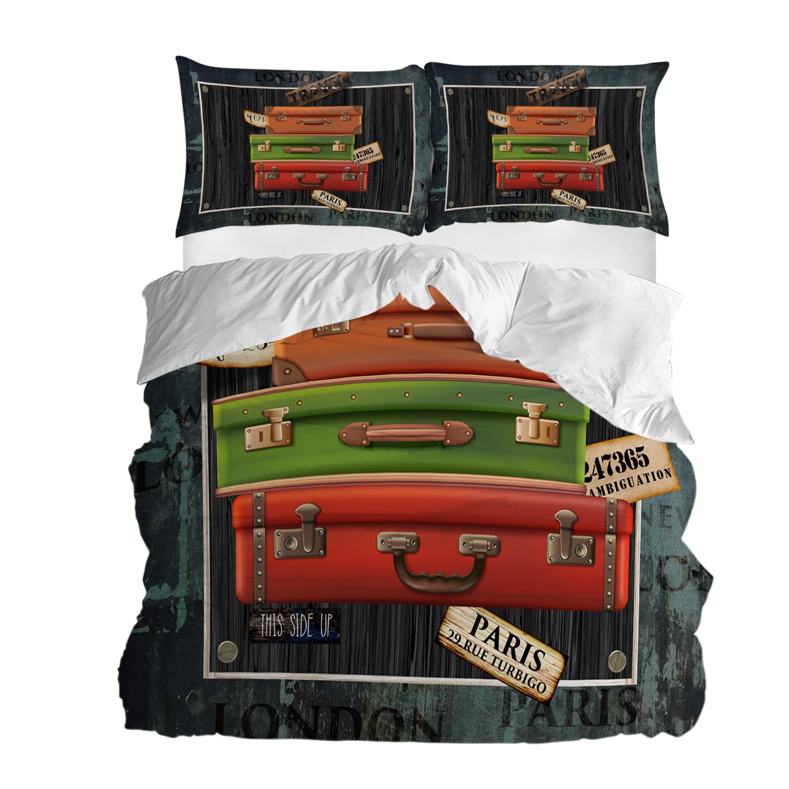 Luggage Rustic Duvet Cover Sets Wood Grain Red Black Green Box Bedding Sets 3 Pcs Soft Comforter Covet Set Including 1 Quilt Cover 2 Pillow Cases,Queen Size Comforter Cover Set with Zipper Closure