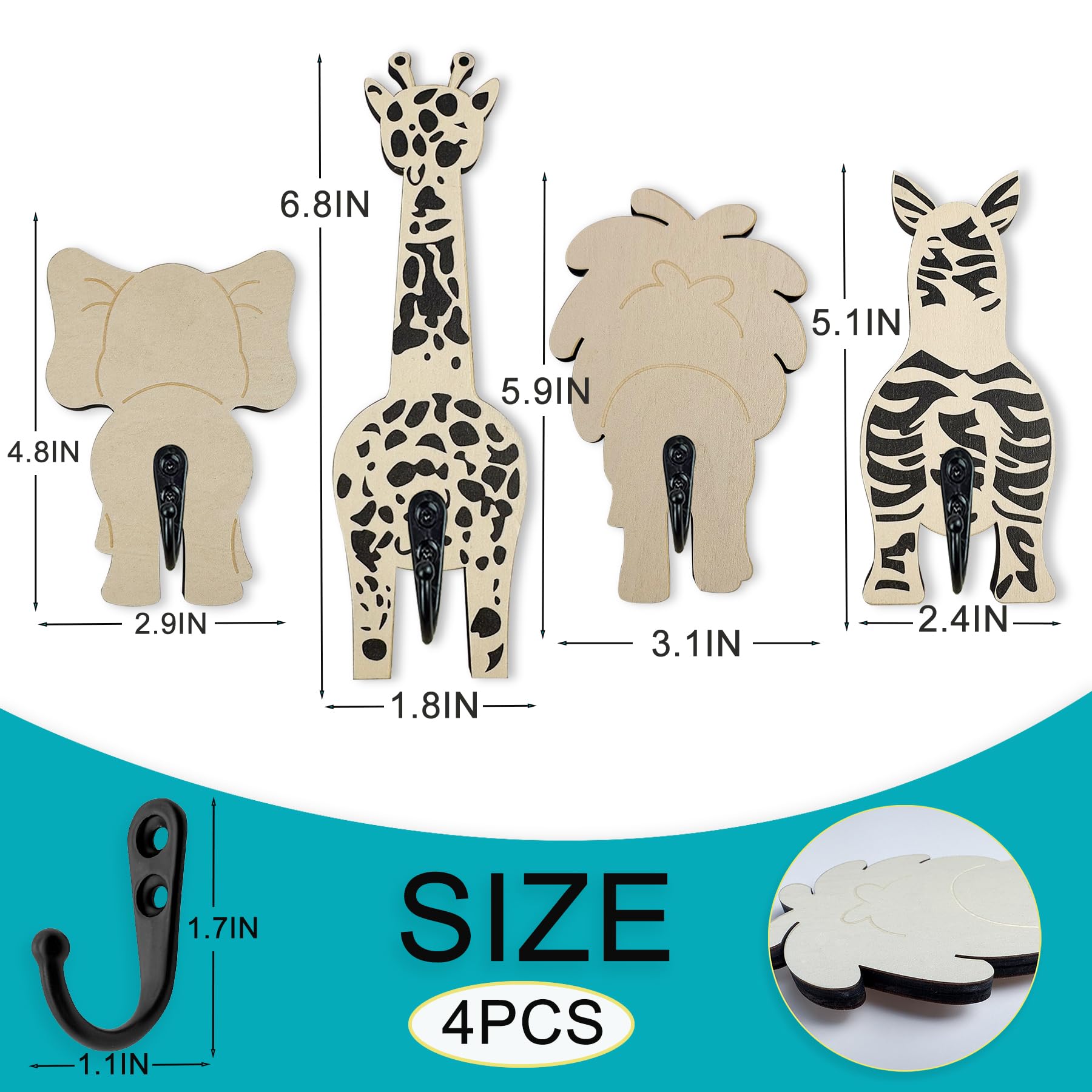 Midrean 4Pack Wooden Cute Unique Animal Nursery Kids Coat Rack Decorative Wall Mount Hooks Elephant Hook