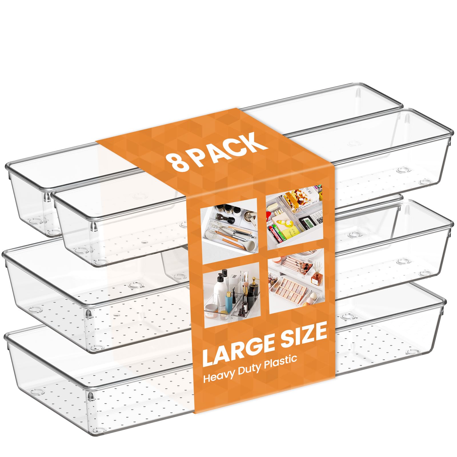 Criusia LARGE Drawer Organizer, 8 Pack Clear Plastic Kitchen Drawer Organizer Dividers, Perfect 4 Sizes Organization and Storage Bins for Organizing Bathroom, Makeup Vanity, Kitchen, Office