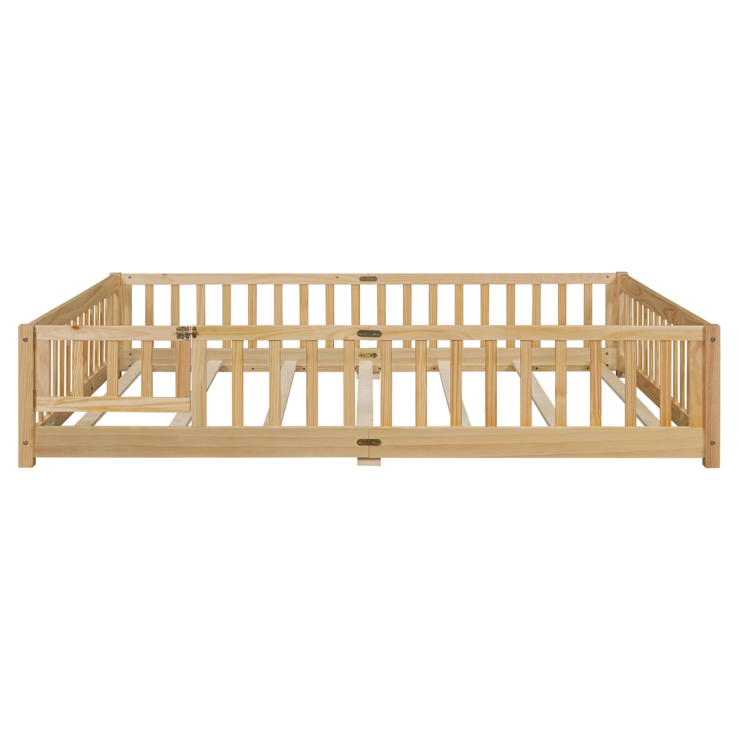 Bellemave Queen Size Floor Bed with Door,Kids Montessori Floor Bed with Slats and Fence,Solid Wood Queen Bed Frame for Girls Boys(Queen,Natural)