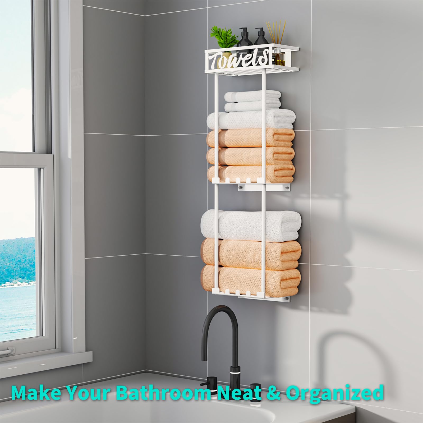 HapiRm Towel Rack Bathroom Storage - 3 Tier Over The Door Towel Rack with Metal Shelf Basket and 6 Hooks, Wall Mount Towel Holder, Rolled Towel Organizer for Small Bathroom (White)