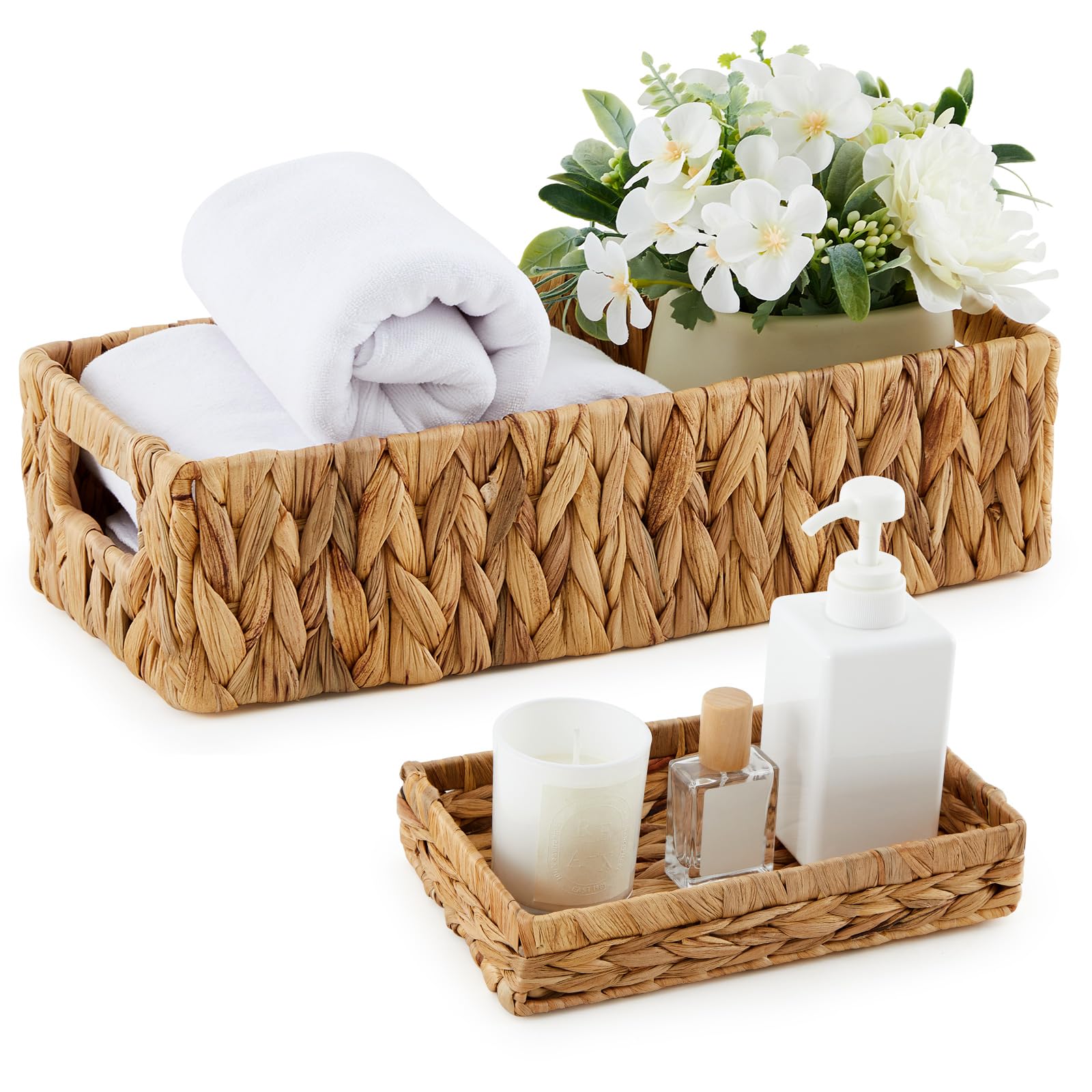 Teenyyou Wicker Toilet Tank Basket Topper and Vanity Tray Set Decorative Rattan Vanity Tray Toilet Tank Tray Wicker Storage Basket Countertop Toilet Tank Tray for Paper Hand Towel Bathroom,Home,spa