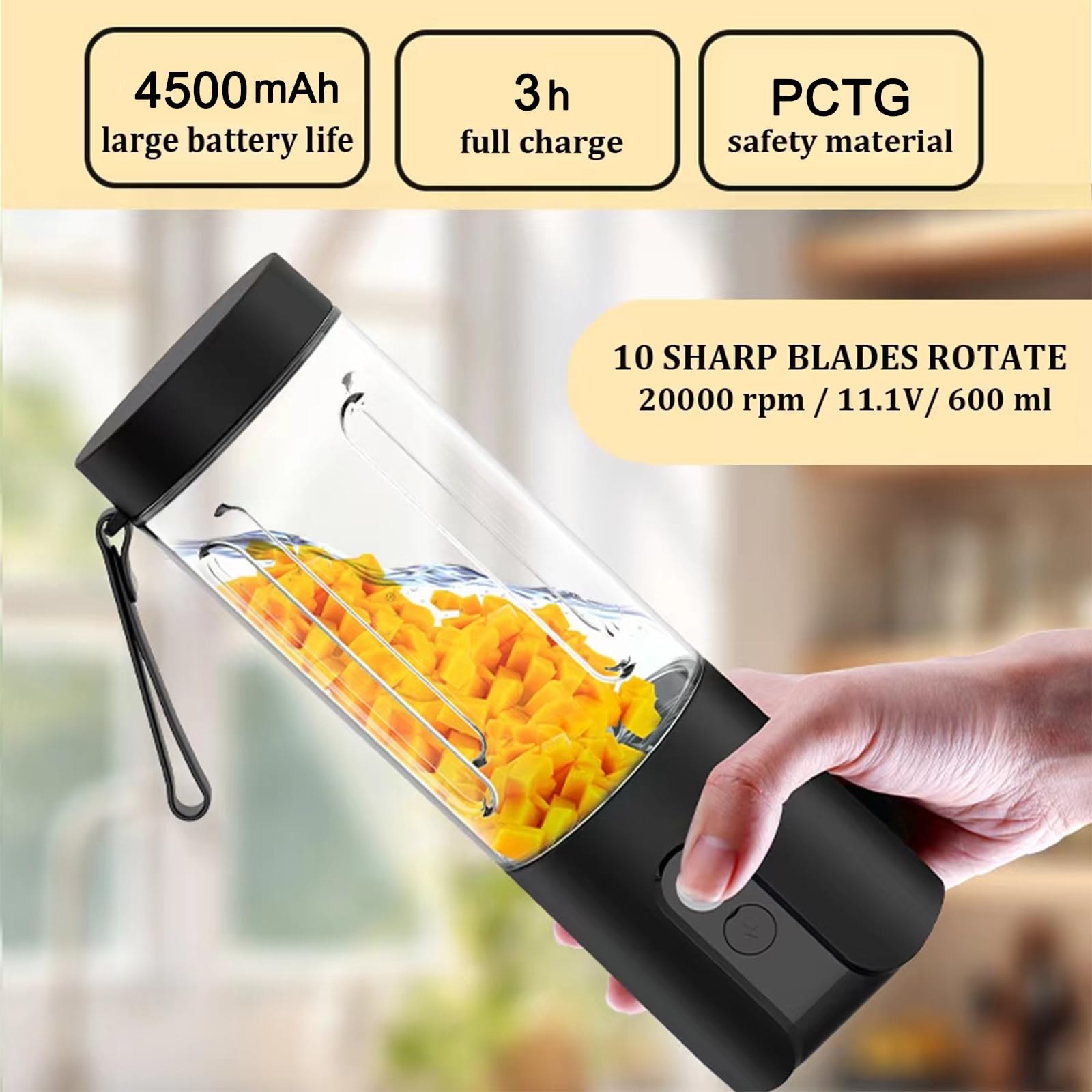 Portable Blender,Personal Size Blender for Shakes and Smoothies, smoothie maker USB-C Rechargeable & Self Cleaning - Quiet Mini Travel Blender with Stainless Steel Blade