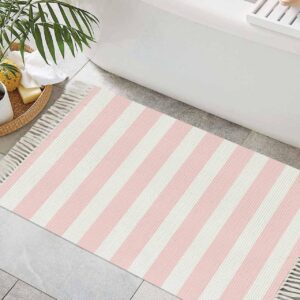 Pink Stripe Bath Rug 2x3ft Woven Bathroom Entryway Runner Rug,White Geometric Striped Modern Boho Minimalist Art Washable Living Room Hallway Bedroom Kitchen Carpet with Tassels Indoor Throw Doormat