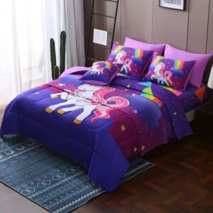 JQinHome Unicorn Twin Bedding Sets for Girls Kids,6 Piece Bed in A Bag 3D Purple Rainbow Theme Unicorn Comforter Set with Sheet Set(Rainbow)