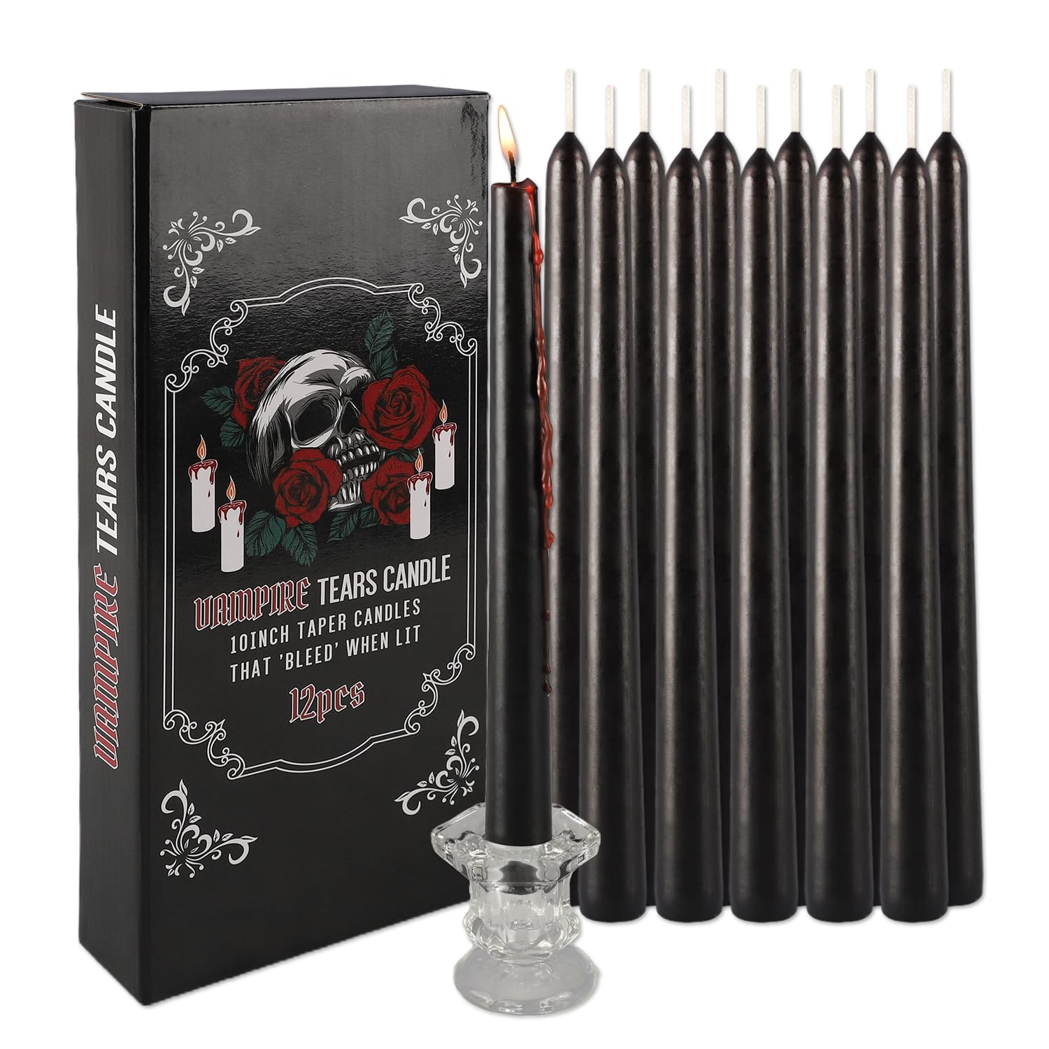 12PCS 10-Inch Black Bleeding Taper Candles,Vampire Tears Taper Candles- Unscented Ideal for Halloween, Christmas, Rituals, and Themed Party Decor