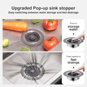 XLMSPORTS 3 in 1 Kitchen Sink Drain Strainer and Stopper Combo, 304 Stainless Steel Pop-up Kitchen Drain Stopper with Strainer Basket, Fast Drainage Kitchen Sink Plug for Standard 3-1/2 Inch Drain