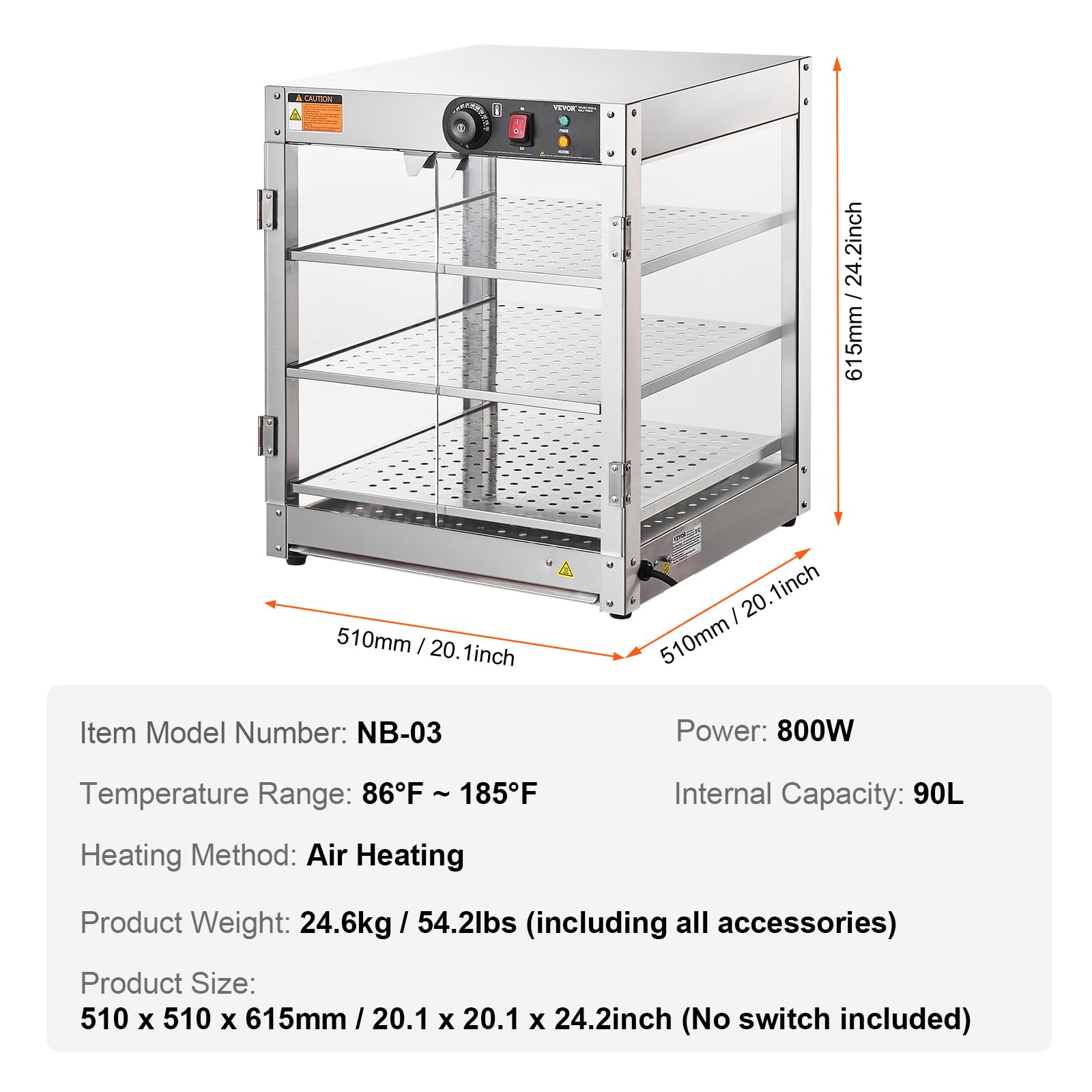 VEVOR 3-Tier Commercial Food Warmer Display, 800W Food Display Warmer with Light to Enhance Food Display, 86℉~185℉ Temperature Control, 90L Large Capacity for Hamburger, Pizza, Bread, Fried Chicken