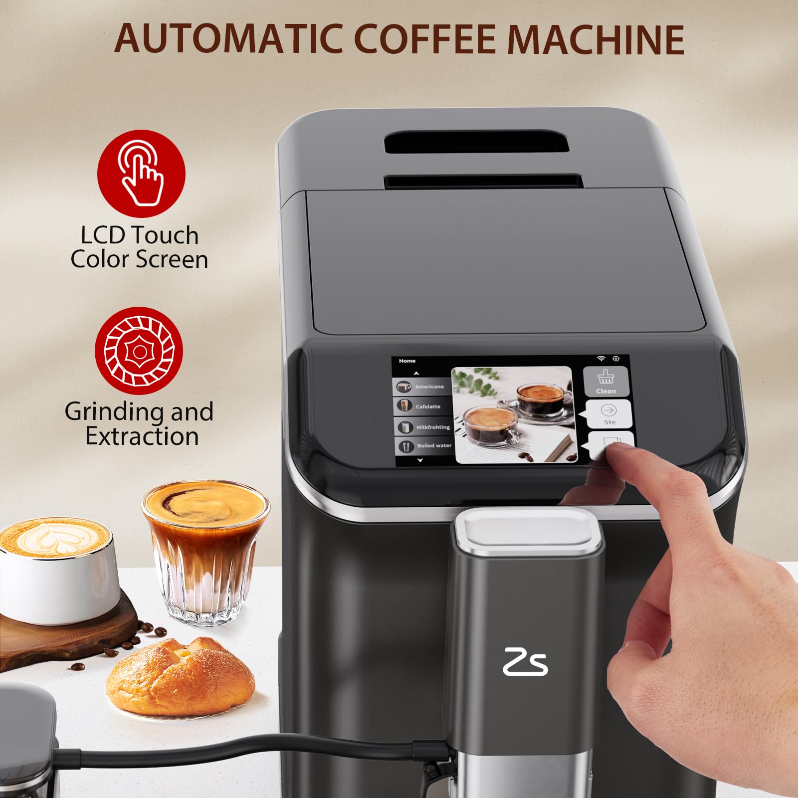 GarveeTech Fully Automatic Espresso Machine, Coffee Espresso Machine with Automatic Milk Frother for Latte, Cappuccino, Built-in Grinder, One-Touch Single/Double Shot for Espresso, 7 Coffee Varieties