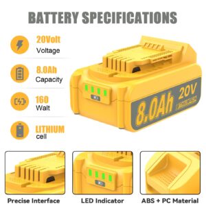 JUNWOOD 4Pack 8.0Ah Replacement for Dewalt 20V Battery Lithium Compatible with XR Max DCB200 DCB201 DCB206 DCB204 DCB207 DCD/DCF/DCG Series