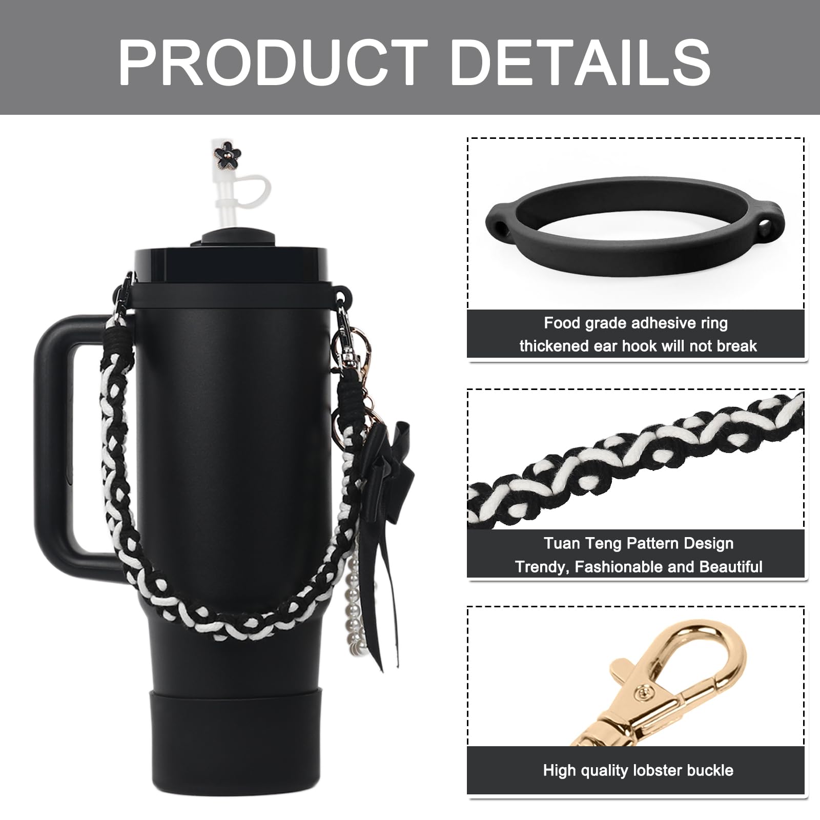 BELSITA Stanley Cup Accessories Set, Bow Pearl Chain Braided Design Water Bottle Handle Strap, Silicone Stanley Cup Boot, Stanley Charms for Stanley Cup 30/40oz Tumble (Black)