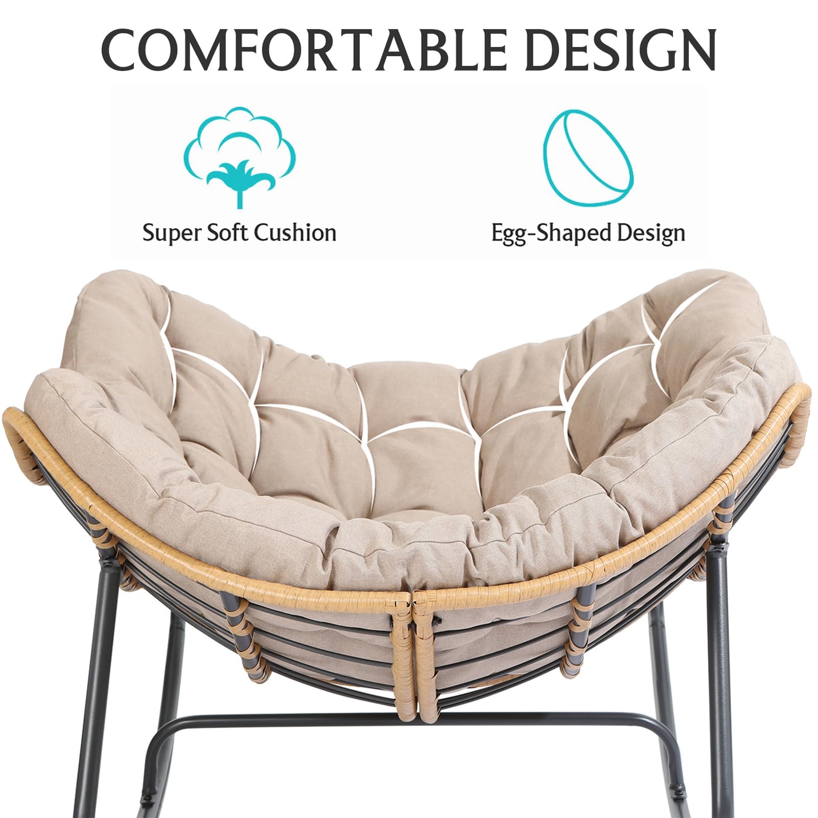 LEYCAY Outdoor Patio Rocking Chair, Royal Papasan Chair, Oversize Indoor Reading Chair with Cushion for Living Room Front Porch Garden Balcony Lawn-Cream