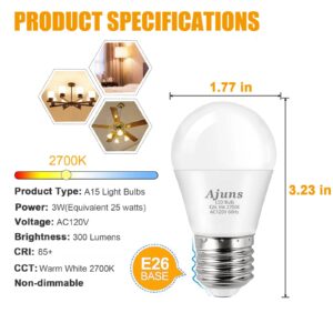 Ajuns Low Watt LED Light Bulbs 3W Equivalent 25W Light Bulbs, 120V 25W LED Ceiling Fan Bulb, Warm White 2700K Household Appliance Bulb, E26 Base, 12 Packs