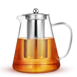 44 oz glass tea pot with lid, stovetop safe tea kettle pot with removable stainless steel filter, glass water pitcher for beverage, milk, lemonade and coffee, tea maker