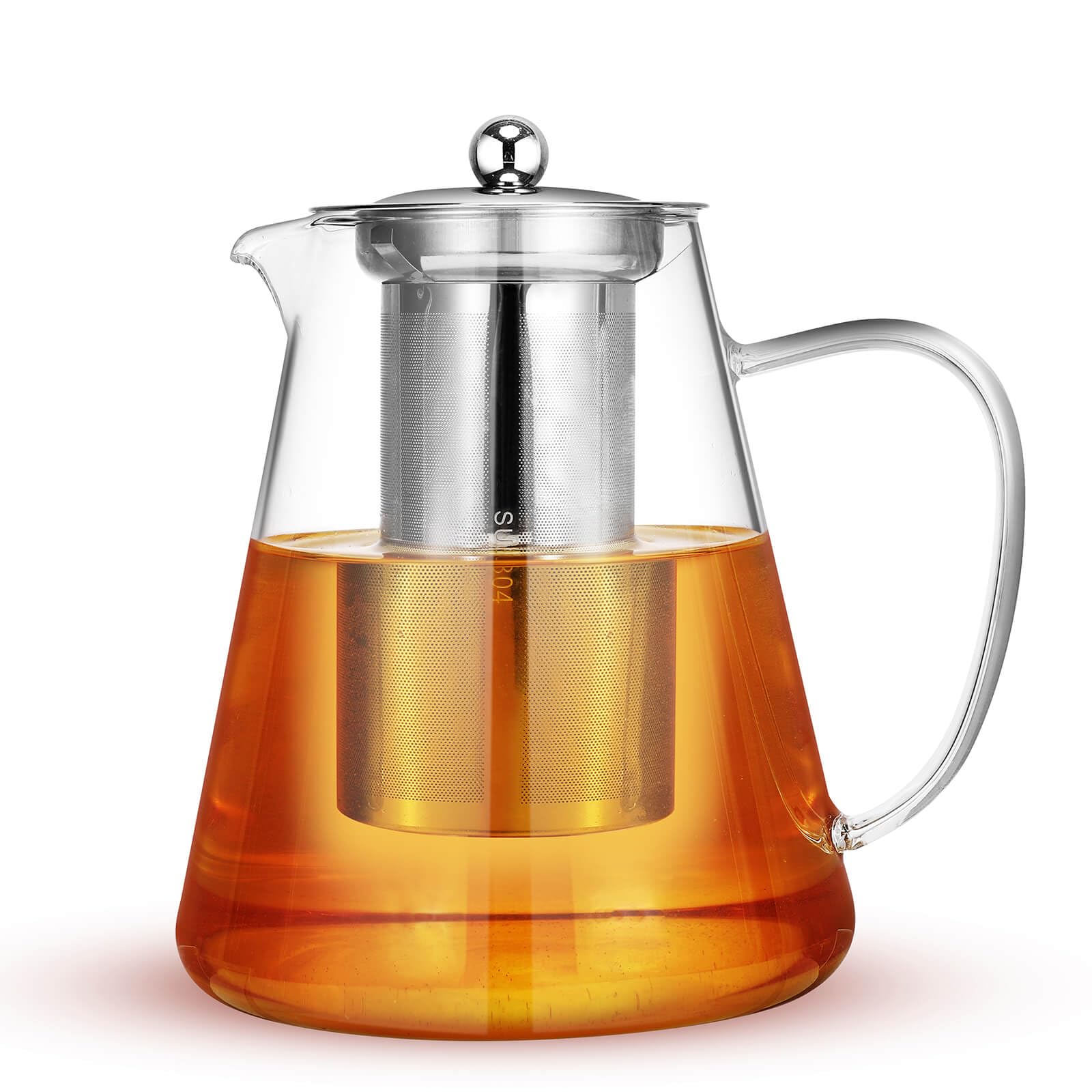 44 OZ Glass Tea Pot with Lid, Stovetop Safe Tea Kettle Pot with Removable Stainless Steel Filter, Glass Water Pitcher for Beverage, Milk, Lemonade and Coffee, Tea Maker