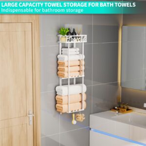 HapiRm Towel Rack Bathroom Storage - 3 Tier Over The Door Towel Rack with Metal Shelf Basket and 6 Hooks, Wall Mount Towel Holder, Rolled Towel Organizer for Small Bathroom (White)