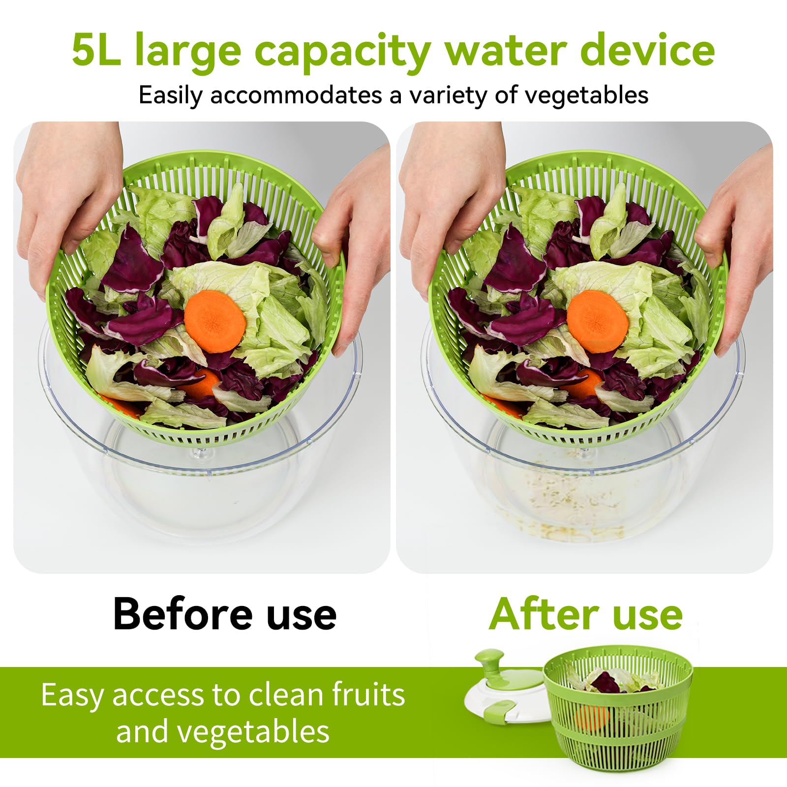 Large Salad Spinner - Wash,Rotate & Dry Salad Vegetables,Fruits&Vegetables, 5 Quarts,Salad Spinner