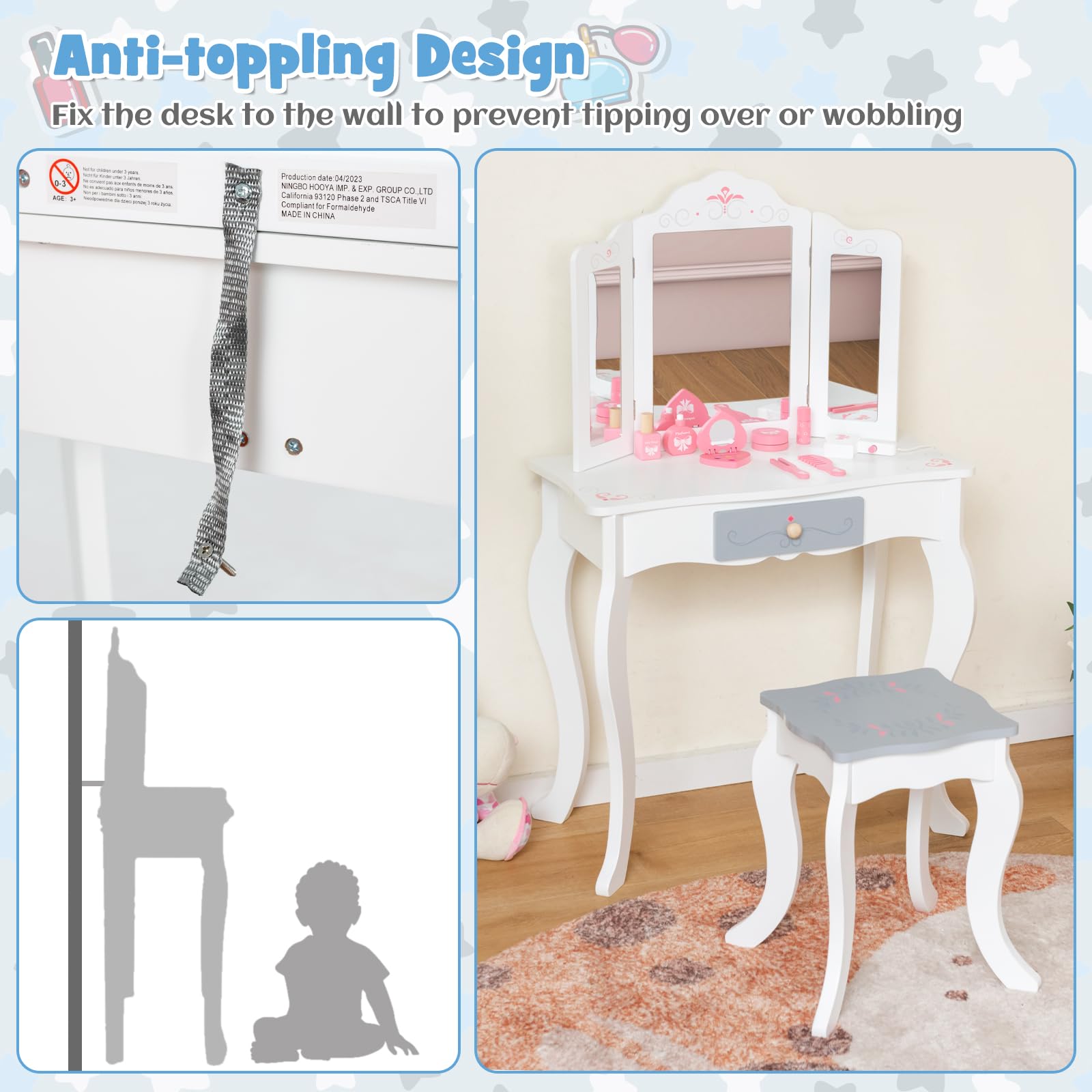 INFANS Kids Vanity, 2 in 1 Princess Makeup Table and Chair Set with Tri-Folding Detachable Mirror 10 Accessories Wooden Dressing Table, Beauty Pretend Play Vanity Set for Toddler Girls Gift (White)