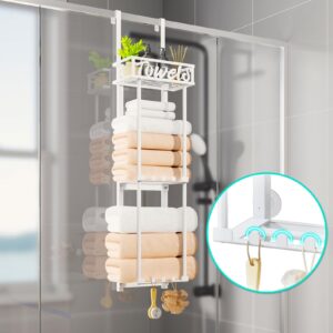 HapiRm Towel Rack Bathroom Storage - 3 Tier Over The Door Towel Rack with Metal Shelf Basket and 6 Hooks, Wall Mount Towel Holder, Rolled Towel Organizer for Small Bathroom (White)