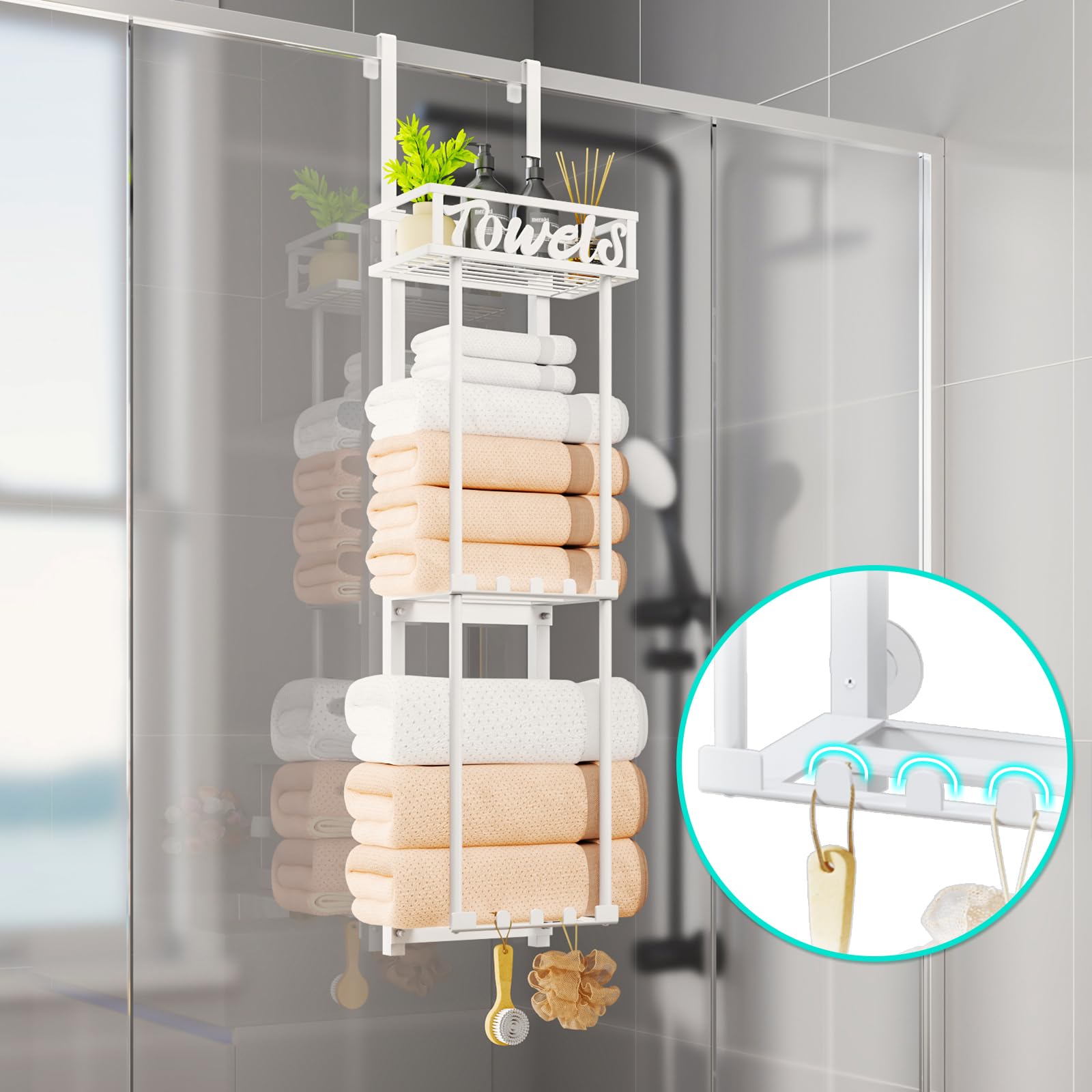 HapiRm Towel Rack Bathroom Storage - 3 Tier Over The Door Towel Rack with Metal Shelf Basket and 6 Hooks, Wall Mount Towel Holder, Rolled Towel Organizer for Small Bathroom (White)