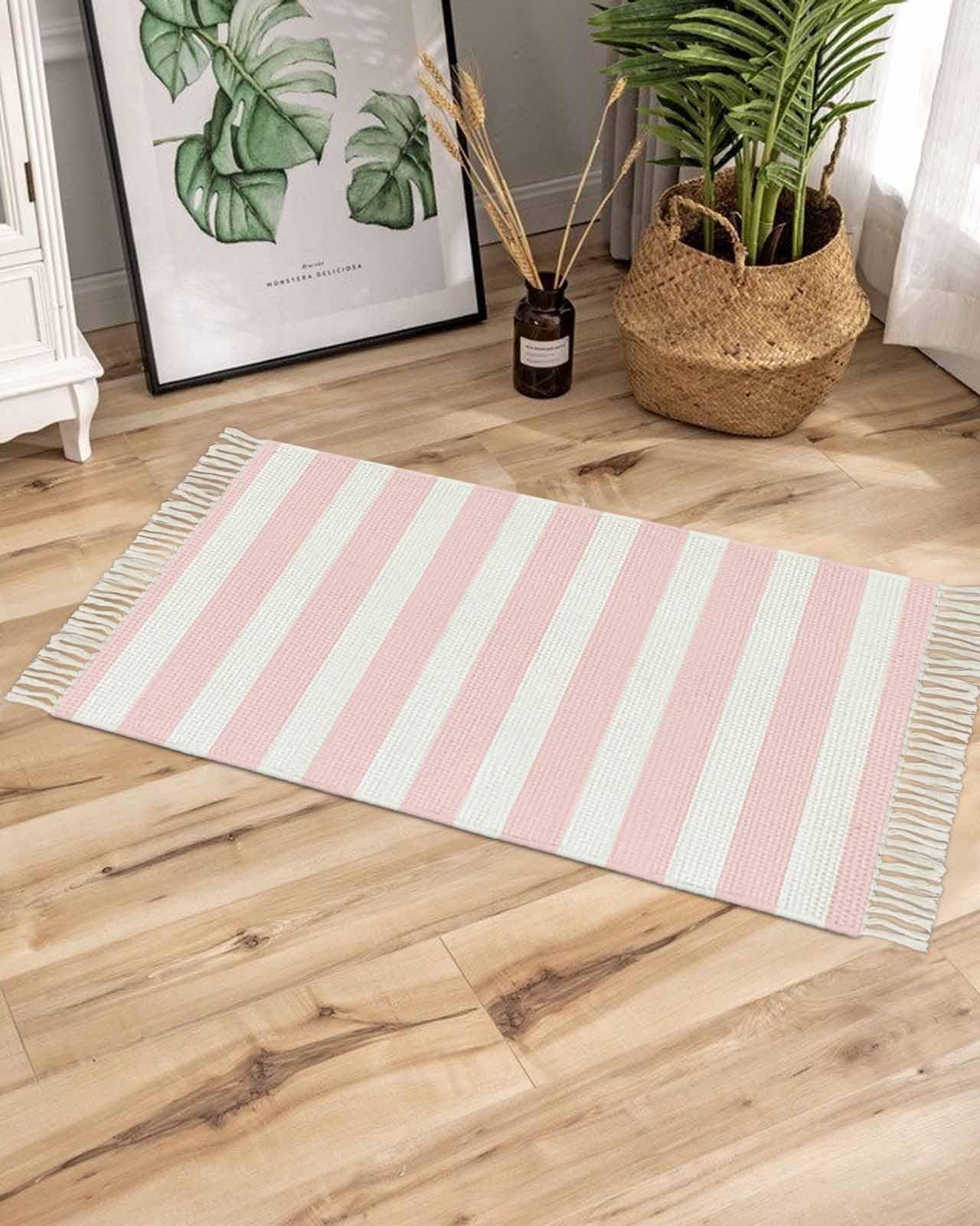 Pink Stripe Bath Rug 2x3ft Woven Bathroom Entryway Runner Rug,White Geometric Striped Modern Boho Minimalist Art Washable Living Room Hallway Bedroom Kitchen Carpet with Tassels Indoor Throw Doormat