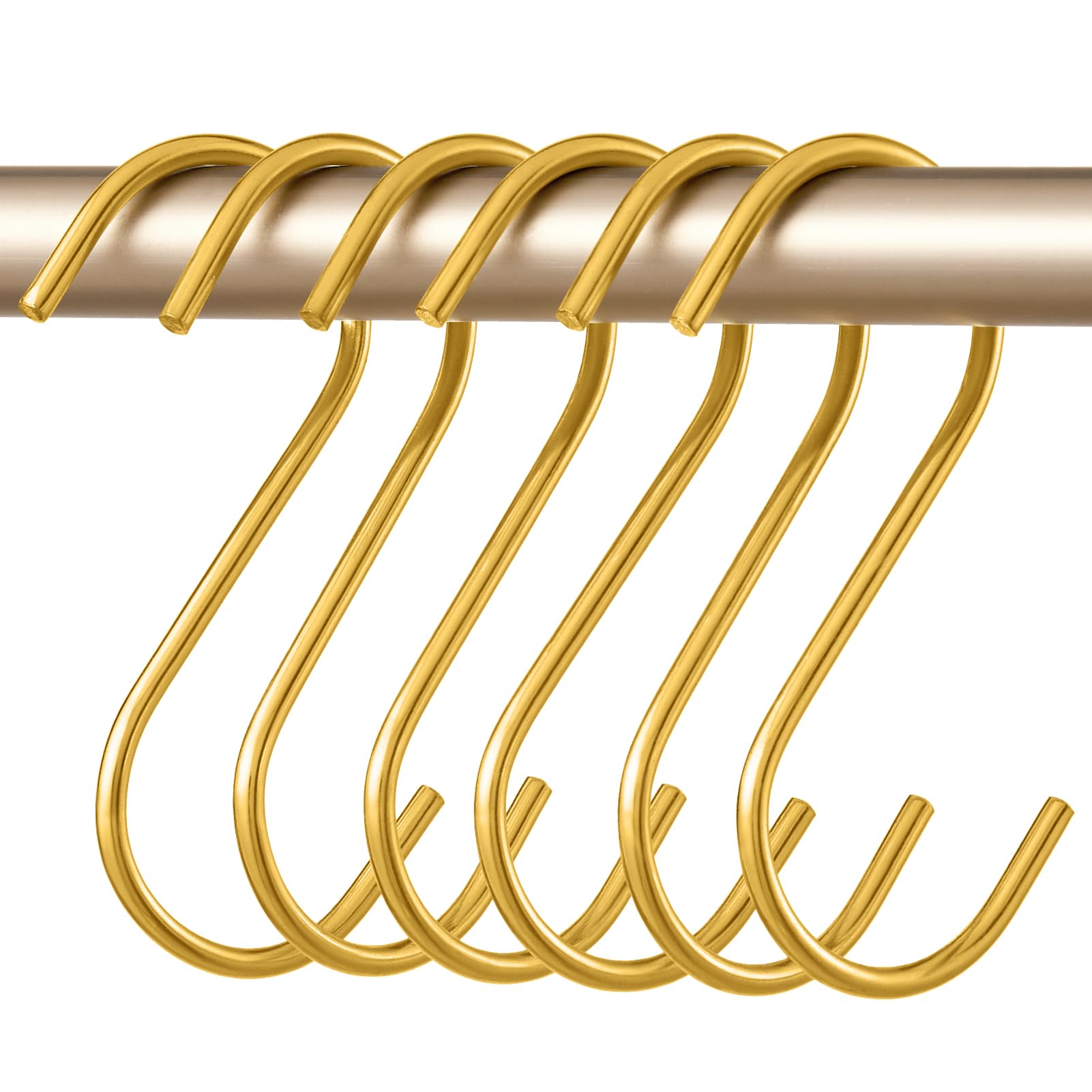 Airesly 6 Pack S Hooks Heavy Duty Brass & Copper Gold S Hooks - Gold Coat Hangers for Clothes, Brass Hooks for Towels, Kitchen Pots & Pans, Coffee Cups, Bird Feeders & Plants（Brass Gold）