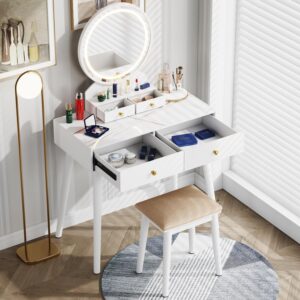 JUMMICO Makeup Vanity Desk with Round Mirror and Lights, Vanity Table Makeup Desk 4 Storage Drawers 3 Adjustable Colors LED Lights Matched Soft Cushioned Stool for Girls Bedroom (White) …