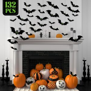 132 Pcs Halloween Bats Wall Decor with Glow in The Dark Eyes, Large Halloween 3D Bats Stickers Black Bats Decals Decorations Indoor, PVC Bats for Halloween Party