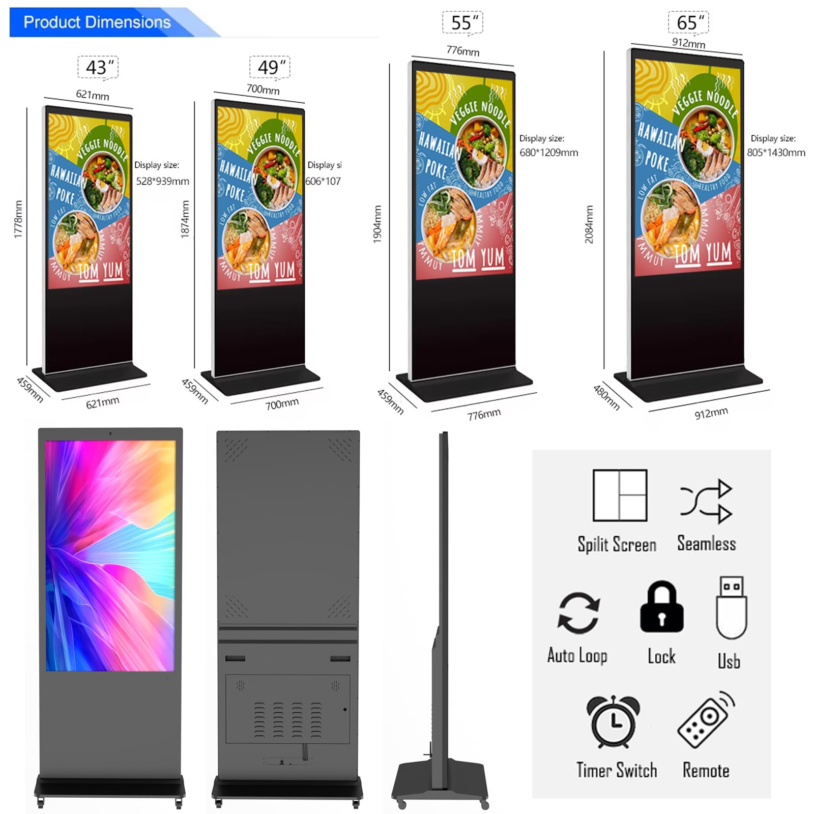 43" Floor Standing Digital Signage Advertising Display Touch Screen, Indoor Digital Signage Kiosk Full HD LCD Screen Commercial Totem with Android 11 Interactive Advertising Information System Player