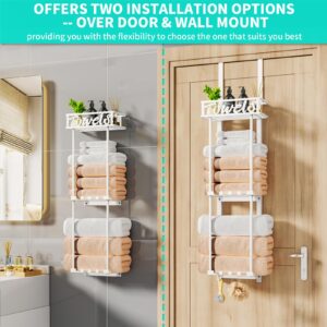 HapiRm Towel Rack Bathroom Storage - 3 Tier Over The Door Towel Rack with Metal Shelf Basket and 6 Hooks, Wall Mount Towel Holder, Rolled Towel Organizer for Small Bathroom (White)