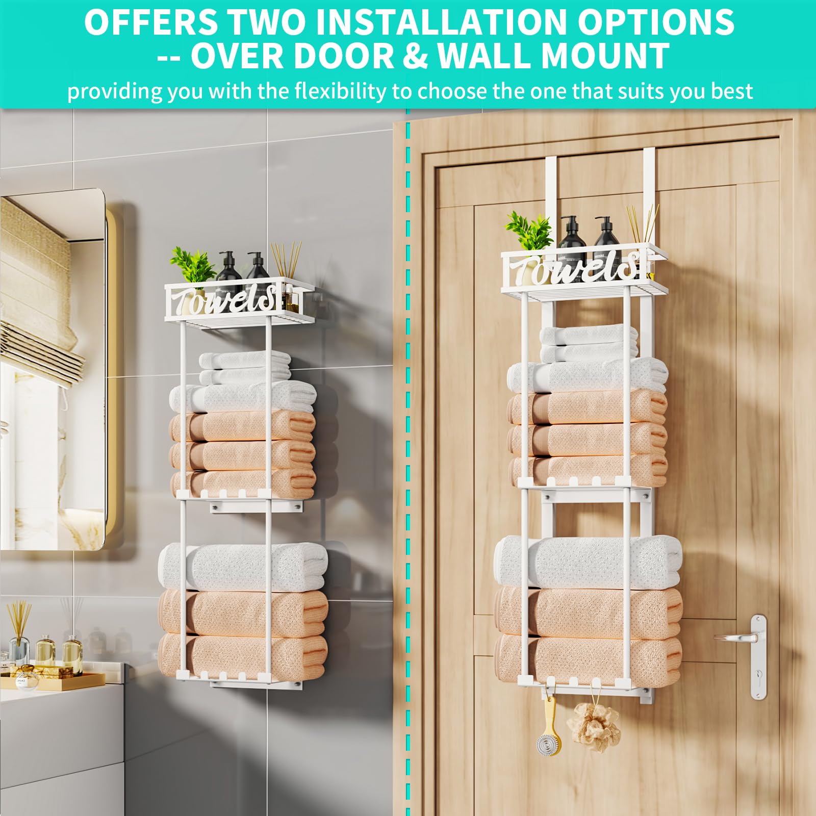 HapiRm Towel Rack Bathroom Storage - 3 Tier Over The Door Towel Rack with Metal Shelf Basket and 6 Hooks, Wall Mount Towel Holder, Rolled Towel Organizer for Small Bathroom (White)