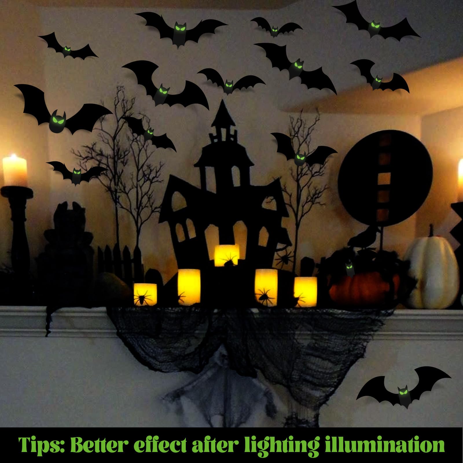 132 Pcs Halloween Bats Wall Decor with Glow in The Dark Eyes, Large Halloween 3D Bats Stickers Black Bats Decals Decorations Indoor, PVC Bats for Halloween Party