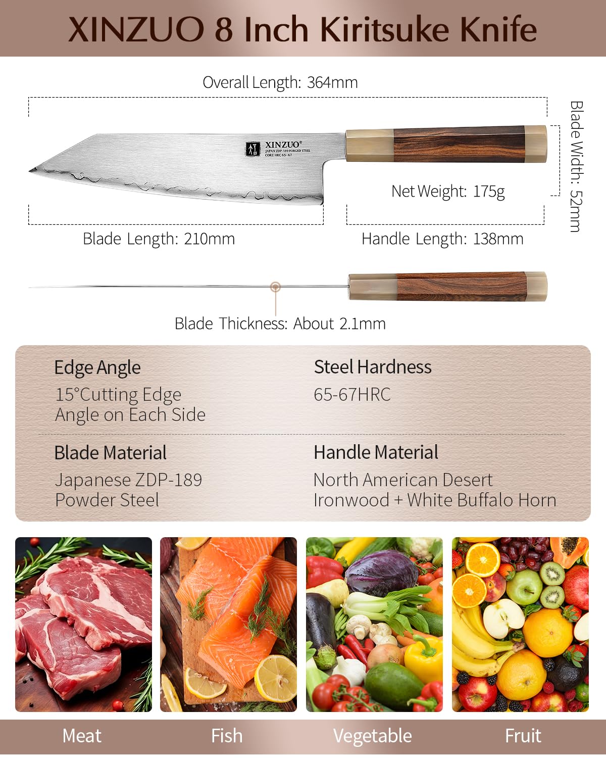 XINZUO 8 Inches Japanese Kiritsuke Chef Knife, Super ZDP-189 Steel Knife, Professional Cooking Knife for Chefs&Home, 67HRC, Ergonomic Octagonal Handle with Desert Ironwood