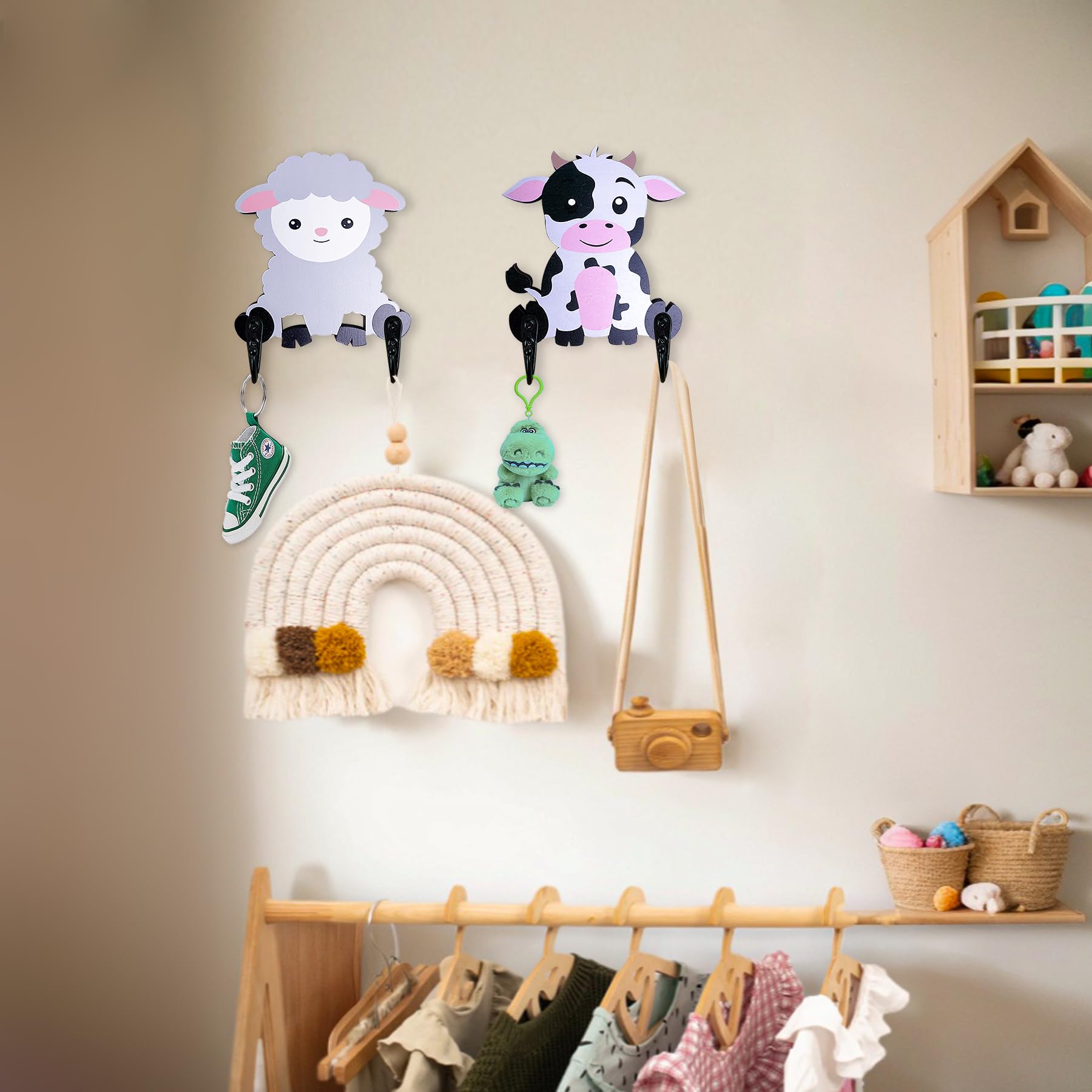 Midrean 3Pack Wood Decorative Cute Unique Fun Colorful Animal Kids Coat Rack Towel Wall Mount Hooks