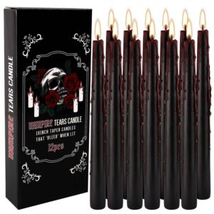 12PCS 10-Inch Black Bleeding Taper Candles,Vampire Tears Taper Candles- Unscented Ideal for Halloween, Christmas, Rituals, and Themed Party Decor