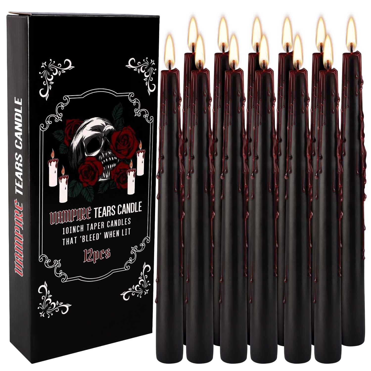 12PCS 10-Inch Black Bleeding Taper Candles,Vampire Tears Taper Candles- Unscented Ideal for Halloween, Christmas, Rituals, and Themed Party Decor