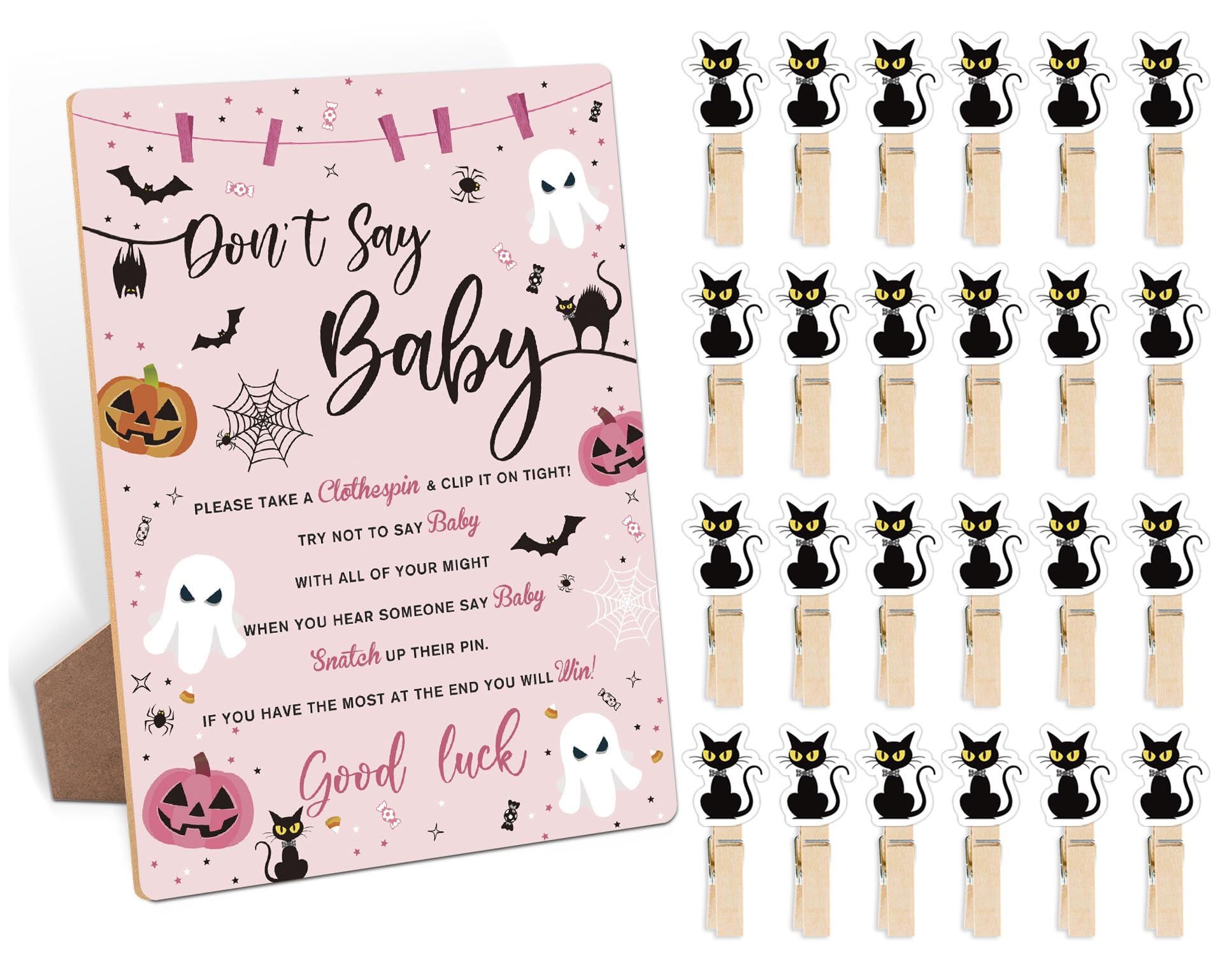 Don't Say Baby Clothespin Game, Halloween Baby Shower Game Wood Sign and 50 Pcs Mini Clothespins, Gender Neutral, Halloween Baby Shower Party Decoration Favors Supplies, Halloween Decor-2