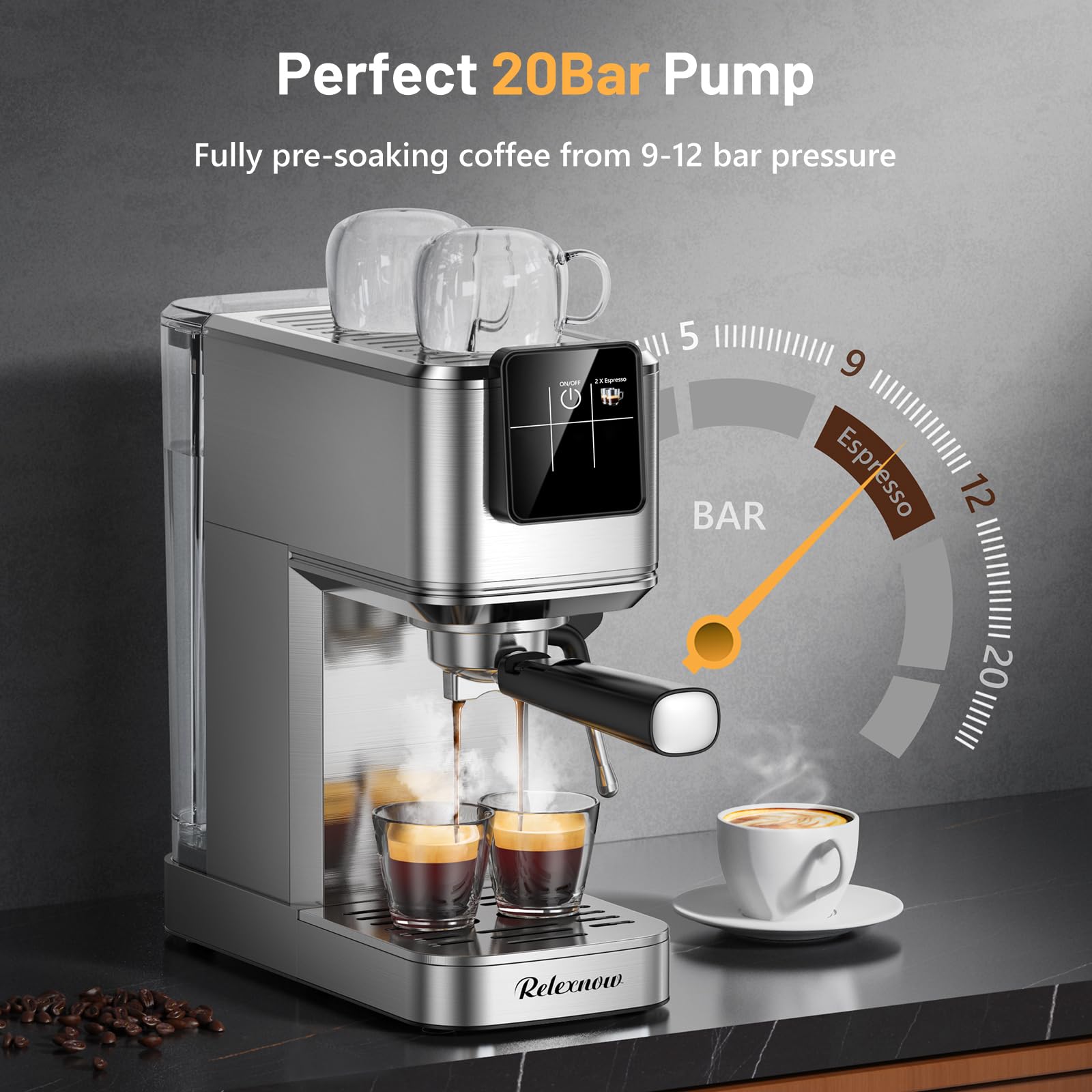 RELEXNOW Espresso Machine, 20 Bar Espresso Maker Milk Frother & LCD Panel, Hot & Iced Coffee Machine,Stainless Steel Espresso Coffee Machine with 41oz Water Tank for Cappuccino, Latte