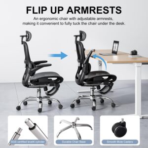 Ergonomic Office Chair,Office Chair with Tilt Function,Mesh Office Chair with Footrest,Ergonomic Chair with Adaptive Backrest, Adjustable Headrest,SGS Class 4 Gas Clylinder and Flip-Up Armrests