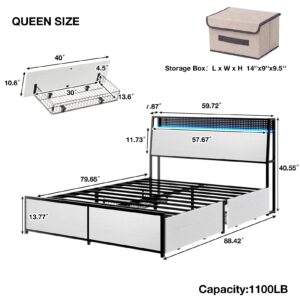 Queen Metal Headboard and Frame, Bed Frame and Headboard, Storage bed with LED Storage Headboard and 4 Storage Drawers, Charging Station, No Box Spring Needed, Noise Free, Easy Assembly-White