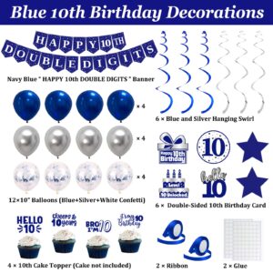 10th Birthday Decorations for Boys Girls, Blue Silver Happy 10th Double Digits Party Decorations, Happy 10th Birthday Backdrop, Banner, Balloon, Hanging Swirl, Birthday Card, Cake Topper, Pompom 57pcs