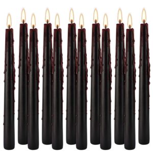 12PCS 10-Inch Black Bleeding Taper Candles,Vampire Tears Taper Candles- Unscented Ideal for Halloween, Christmas, Rituals, and Themed Party Decor