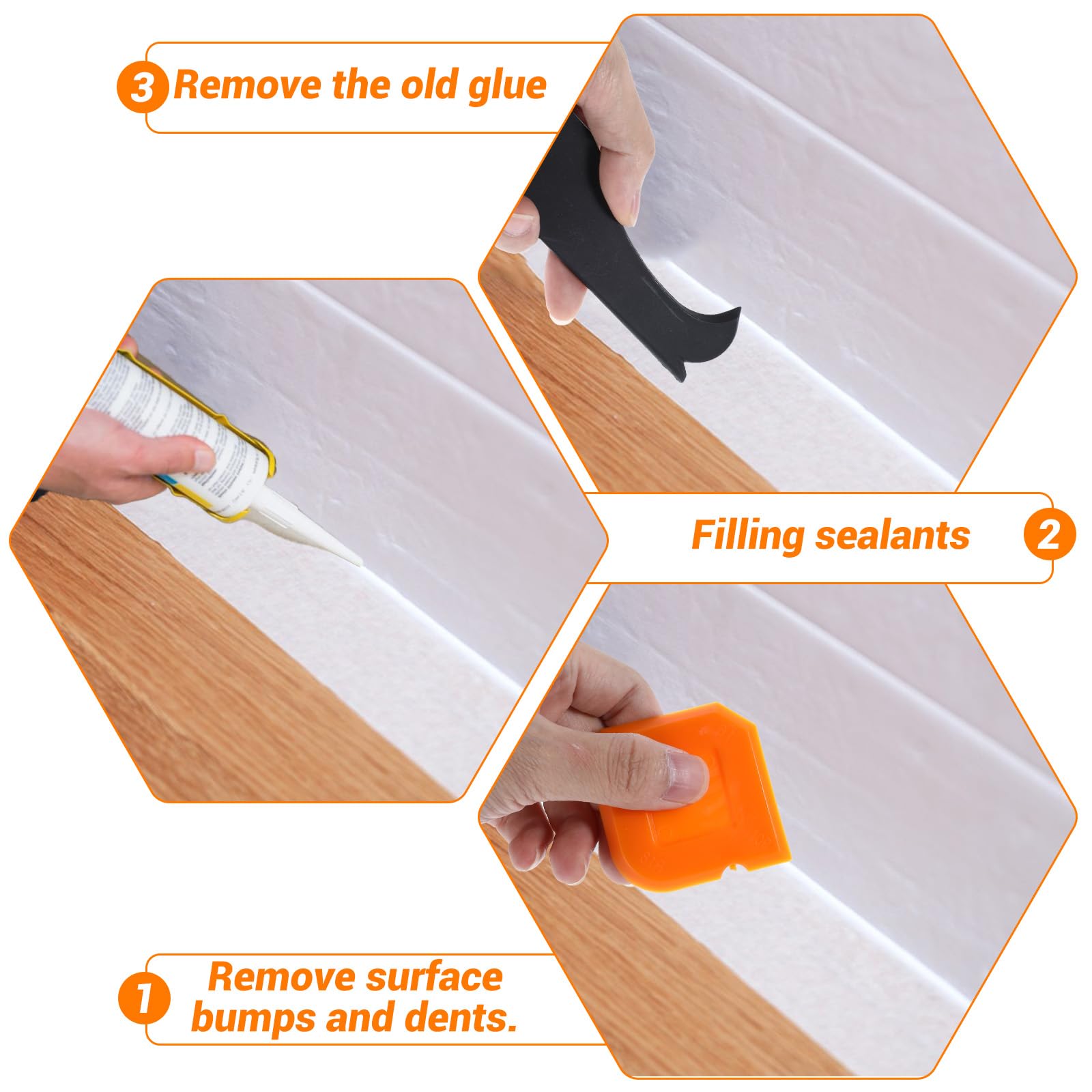 4 PCS Caulking Tool Set - Silicone Sealant & Grout Finishing Tools, Grout Scraper & Caulking Removal Kit for Kitchen, Bathroom, Floor, Window, and Sink Joint Sealing - Reusable & Replaceable (Orange)