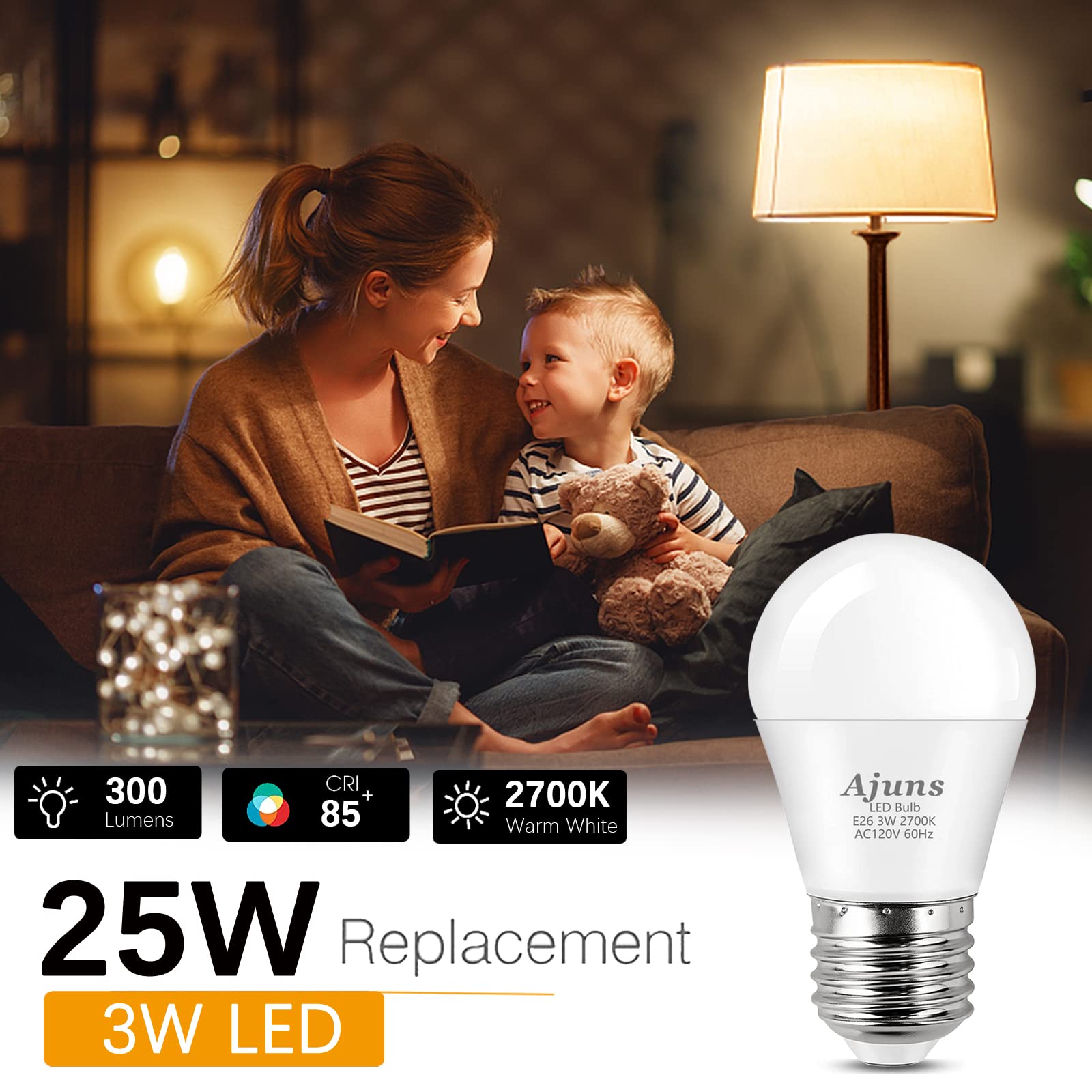 Ajuns Low Watt LED Light Bulbs 3W Equivalent 25W Light Bulbs, 120V 25W LED Ceiling Fan Bulb, Warm White 2700K Household Appliance Bulb, E26 Base, 12 Packs