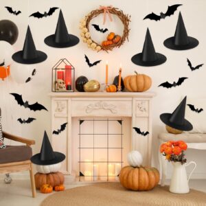 JMUQ 6 PCS Black Halloween Witch Hats with 3D Bats Stickers, Hanging Witch Hats for Halloween Indoor Outdoor Yard Decor Party Decorations Wizard Hats